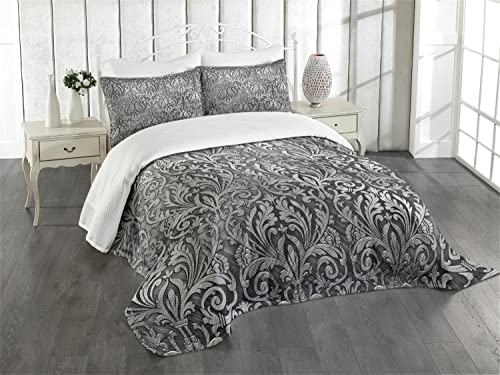 ABAKUHAUS Damask Tagesdecke Set, Klassische Blumenverzierung, Set mit Kissenbezügen Waschbar, für Doppelbetten 264 x 220 cm, Schwarz Grau