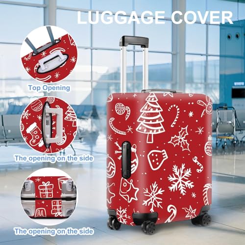 Image of Red Christmas Luggage Cover - Snowflake & Candy Cane Suitcase Protector, Holiday Travel Luggage Sleeve, Stretchable & Waterproof,M