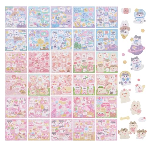 NICENEEDED 30 Sheets Cute Kpop Photocard Decorative Stickers, Cartoon Korean Decals, Animal Scrapbooking Decor Self Adhesive Colorful for Greeting Cards Album Decoration