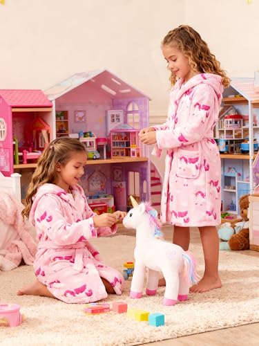Image of Girls Fleece Hooded Robes, Warm Printed Bath Robe for Kids Soft Fuzzy Bathrobe for Gifts