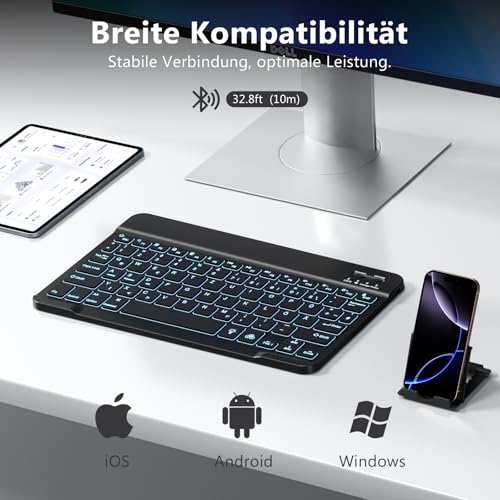 Vobafe Bluetooth Tastatur mit Telefonhalter für iPad Air/Pro/Mini/A16/11/10.9/10.2/iPhone, Kabellose Tablet Keyboard für iOS/Android/Windows, Deutsche QWERTZ, 7 Farben Beleuchtete, Schwarz 2