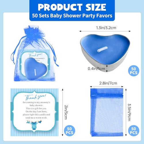 Fexichuji F01 50 Sets Boy Baby Shower Party Favors For Guests,50 Pcs Heart Shape Tealight Candle 50 Pcs Organza Bags 50 Pcs Thank You Cards Baby Shower Gender Reveal,Baptism Recuerdos Gifts Prizes Decorations,Blue thumb #1