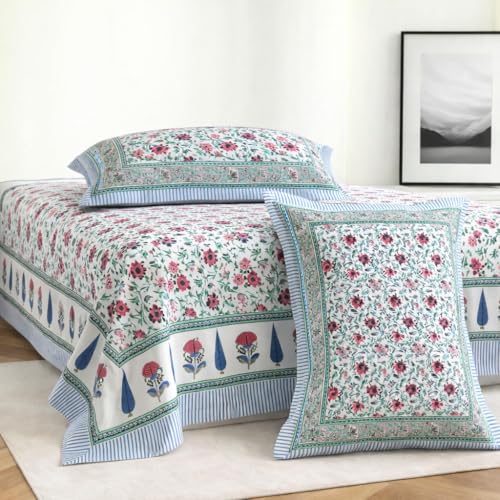 Image of ElanorHomes 240 TC Cotton Double King Size Bedsheet | Ultra-Soft & Skin-Safe | Breathable Summer Comfort | 93x108 inches with 2 Pillow Covers (Azure Fern)