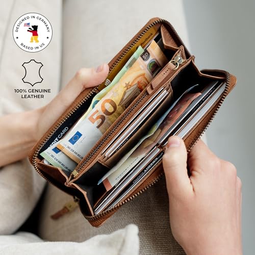 Image of BERLINER BAGS Genuine Leather Zip Wallet Women Palma, Gift Box - Brown | Soft Leather Zip Around Wallet, 14 Card Slots, 1 ID Window, 2 Bill Compartments, Zippered Coin Pocket, RFID Blocking