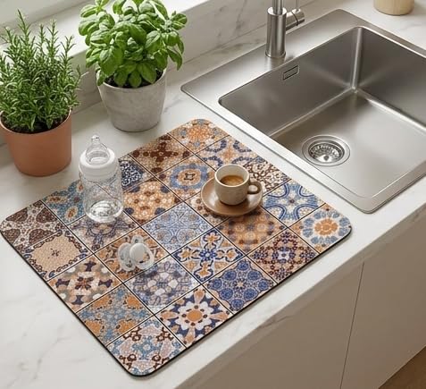 Image of HomeCloud Dish Drying Mat for Kitchen Counter - Super Absorbent, Non-Slip & Heat-Resistant - Quick Dry Rack Pad for Dishes, Utensils, Coffee Maker - Stain-Hiding Design (Blue Orange, 40x50cm)