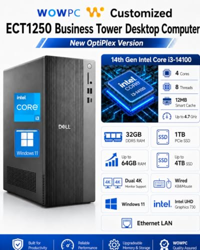 Image of Customized Dell ECT1250 Business Tower Desktop Computer, New OptiPlex Version-14th Gen Core i3-14100, 32GB DDR5 1TB SSD, Up to 64GB RAM 4TB SSD, Dual 4K Monitor Support, Wired KB&Mouse, Win11