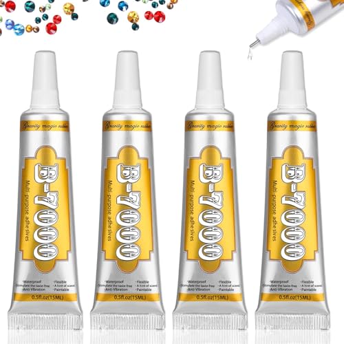 B7000 Rhinestone Glue 4 PCS Jewellery Glue Super Glue Transparent Paste Adhesive for Rhinestones Beads, Phone, Fabric, Metal, Nail Art, Wood, Glass, Jewelry Making, DIY Crafts (15ml)