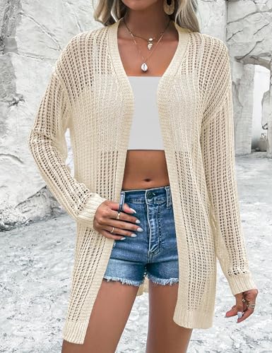 Image of Womens 2025 Summer Lightweight Cardigan Long Sleeve Open Front Loose Beach Crochet Cover Up