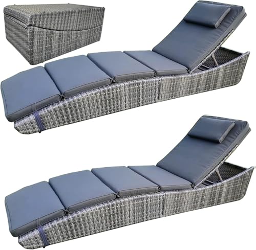 BTEXPERT Set of 2, Foldable Outdoor Chaise Pool Lounge Chairs Folding Wicker Rattan Sun Bed Patio Couch Reclining Lounger Adjustable Padded Backrest Pillow Assembled - Grey - Two