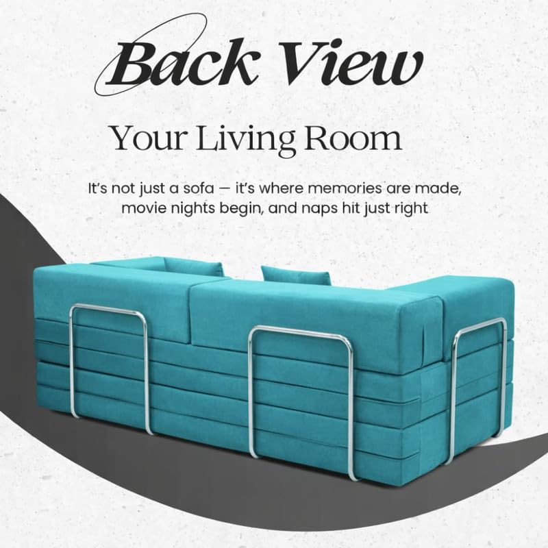 Image of Adorn India Easy Premium Modular 4 Seater Sofa Cum Bed | Velvet Suede Fabric | Colour Aqua Blue | Modern Design | Size 6x6 Fit | Comfortable for Seat & Sleep | Washable Cover | Perfect for Home
