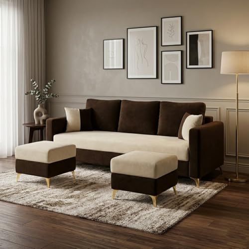 Image of Classiq Rich 5 Seater L Shape Sofa Set with 2 Movable Ottomans | Flexible Layout | Rich Velvet Suede Fabric | Silver Legs | Dual Tone Modern Sofa for Living Room (Dark Brown-Cream)