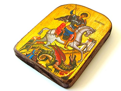 Iconsgr Wooden Greek Christian Orthodox Wood Icon of Saint George Riding His Horse and Slaying the Beast / MP2 - Image 3