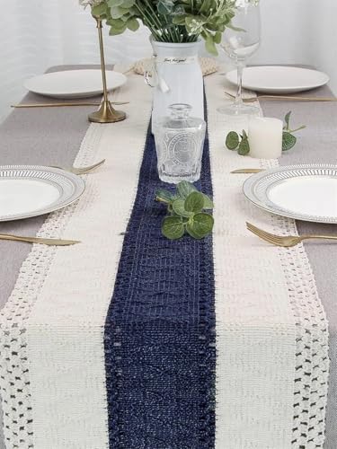Chemin de table bleu avec pompons, écharpe de commode classique, déco table à manger 30x160 cm