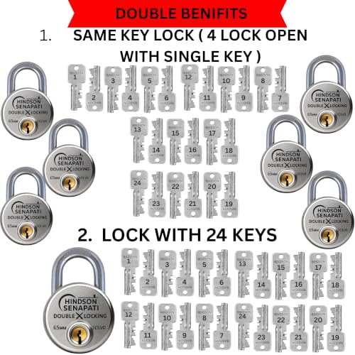 Image of Hindson Same Key Senapati 65mm Round Padlock, Pack of 6 with 24 Same Keys, Hardened Shackle, 10 Lever Mechanism, Heavy Duty, Double Locking Security Lock for Gates, Doors & Shutters (Silver)