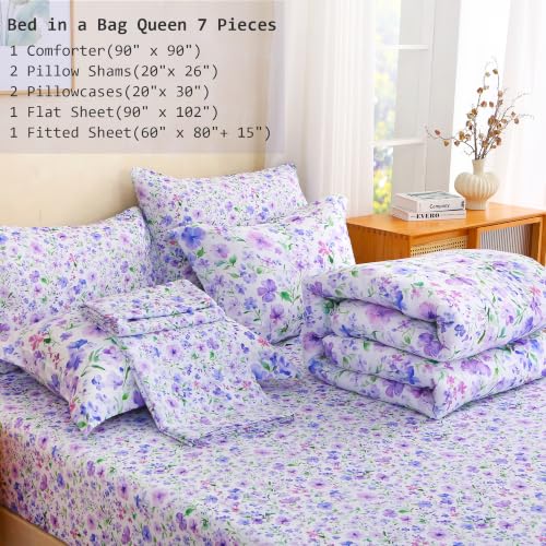 Image of lasoftan Floral Queen Comforter Set with Sheets, 7 piece Luxury Vintage Bedding, Soft Microfiber Bed in a Bag, Cozy Lightweight Bed Set, Purple Green Botanical