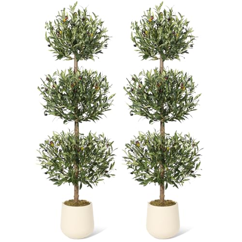 5FT Artificial Olive Triple Ball Topiary Trees with Moss & Inner Pot, Outdoor Indoor Realistic Fake Shrubs Trees, Faux Plants Round Bushes Fake Shrubs Potted for Home Offices Porch Decor Set of 2