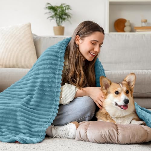 Image of BEDELITE Fleece Throw Blanket for Couch - 3D Ribbed Jacquard Soft and Warm Decorative Fuzzy Blanket - Cozy, Fluffy, Plush Lightweight Washed Blue Throw Blankets for Bed, Sofa, 50x60 inches