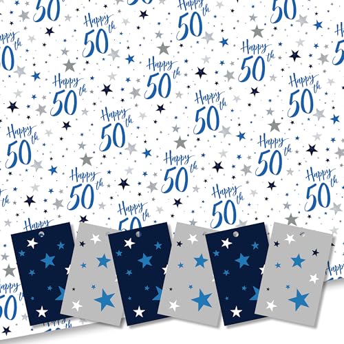Happy 50th Birthday Gift Wrap. 5 XL Sheets (50 x 70cm). Wrapping Paper with matching Tags. Cutting grid on reverse. Made in Britain.