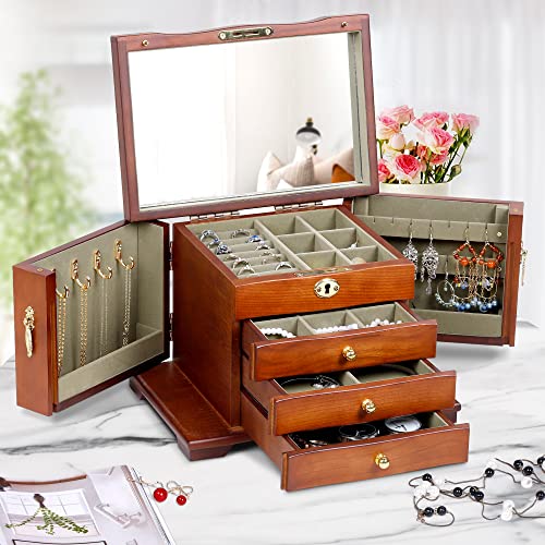 Kendal Hardwood Large Wooden Jewelry Box For Women, Solid Wood Vintage Jewelry Organizer Box With Mirror, Lockable Jewelry Storage Wjc03Ht #TOP4