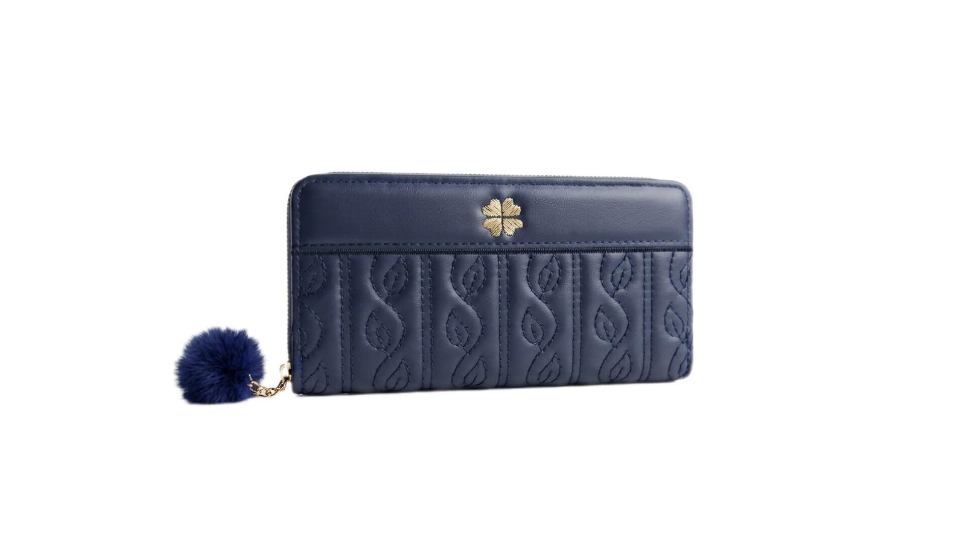 Women's Dark Blue Quilted Faux Leather Zip-Around Wallet, Clutch Purse with Fur Pom-Pom, Card Holder, Gold Embroidery (Dark Blue)-picture-30
