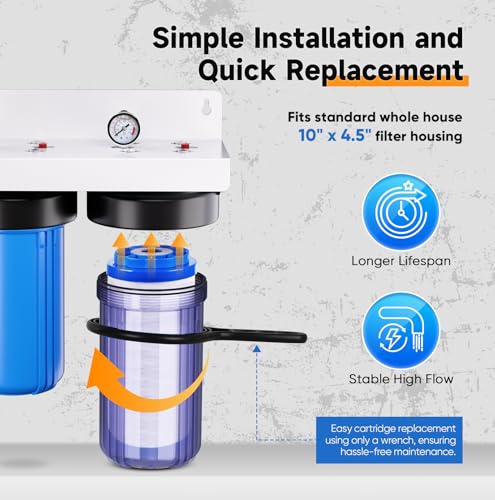 PUREPLUS 2-Stage Whole House Water Filtration System, 10\" Universal Clear Housing, Reduces Sediment, Iron/Manganese, Chlorine, Taste & Odor, Ideal for Well Water, Pressure Gauges, 1\" Inlet/Outlet