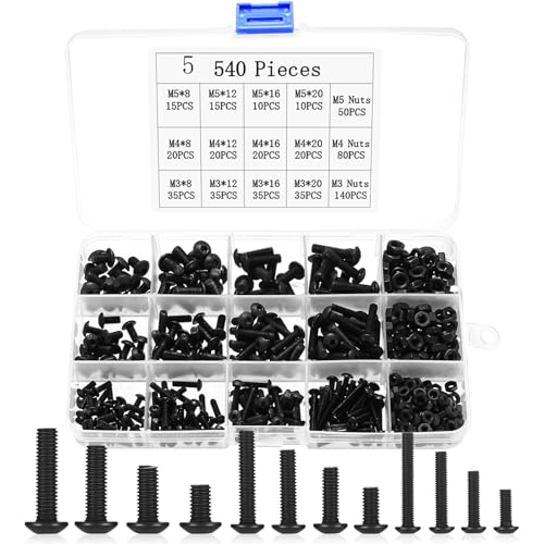540 Stück M3 M4 M5 Schrauben Set, Rundkopf Innensechskantschrauben Muttern Set, Schwarz Maschinenschrauben Sortiment, Auto Möbel Fahrrad Schrauben und Muttern Sets, Gewindeschrauben Sets