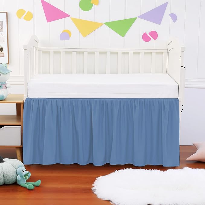 Crib Ruffle Bed Skirt Microfiber Nursery Bedding Skirt for Baby Girls (24” x 38” x 10") Inch - Medium Blue Solid