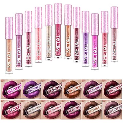 MKNZOME Juego de Brillo de Labios, 12 Colores Lápices Labiales Líquido Pintalabios Mate Metálico Cover