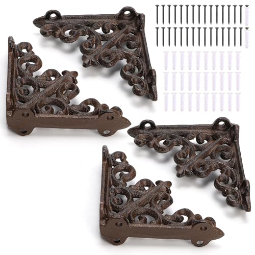 SOUJOY 4 Pack Decorative Shelf Brackets, 4 Inch Small Cast Iron Rustic Brackets with Hardware for Bookshelf Wall Mount, 220Lbs Heavy Duty L Shaped Bracket for DIY Floating Shelves, Antique Style