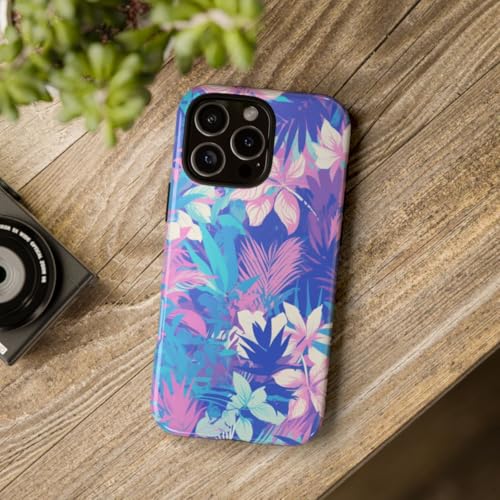 Coque iPhone 16 Pro Max rigide motif floral tropical violet et cyan