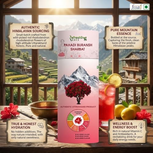 Image of REFRESHING ROOTS Uttarakhand Premium Buransh (Rhododendron) Squash, 1000 ML Glass Bottle | Cold Pressed | Natural Health Drink | Added Honey | No Artificial Flavors | Rich in Antioxidants | Glass Bottle (500 ML * 2)