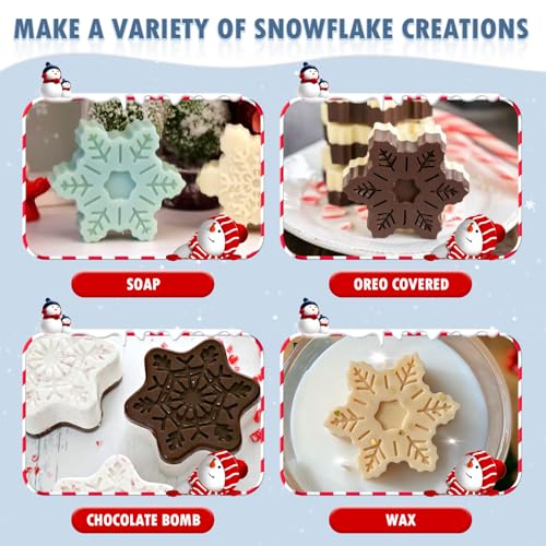 Image of HKNMTT Snowflake Christmas Silicone Mold 12 Cavity for Holiday Soap Chocolate Cocoa Bomb Ice Candy Oreo Covered Jello Xmas Winter Wax, Oven Safe Baking Frozen Food Grade Moulds DIY Candle Craft Set