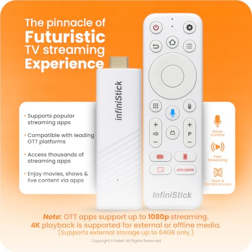 Image of Helett infiniStick Android-Based Smart TV Stick | Voice Control Bluetooth /IR Remote | 2GB RAM 8GB Storage | Quad-Core Processor | Dual-Band Wi-Fi 2.4G /5G | Screen Casting | 1-Year Warranty (White)