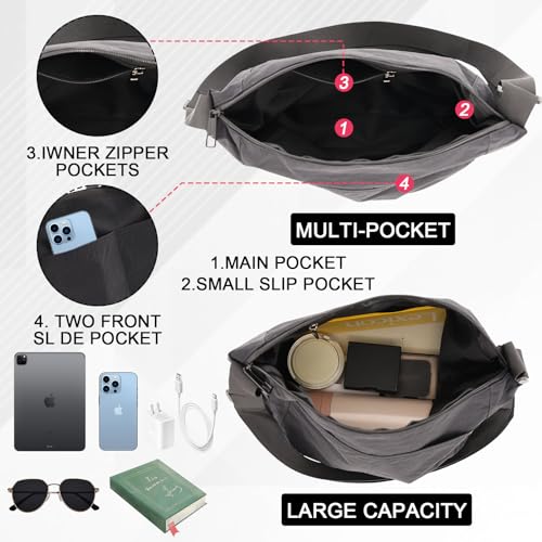 Hobo Crossbody Bags for Women, Black Canvas Crossbody Bag, Soft And Washable, Zipper Closure, Large Capacity Design for Work, Travel, Shopping And Beach Vacation, with 1 Black Card Holder4