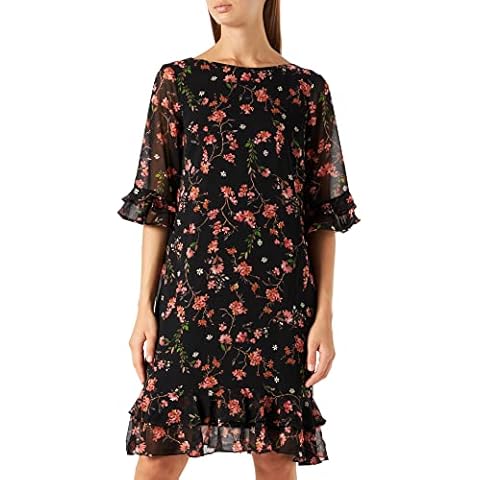 Amazon Brand - TRUTH & FABLE Women's Midi Chiffon A-Line Dress, Blue (Black/Pink Floral), 14, Label:L Cover