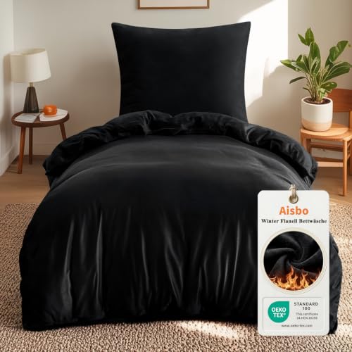Aisbo Winter Plüsch Bettwäsche 155x220 2teilig Schwarz - Flanell Flauschige Warme Bettbezug und Kissenbezug 80x80 cm… – Ansicht 1