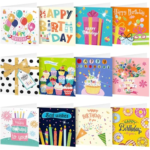 Saillong 12 Pack Happy Birthday Diamond Painting Greeting Card Kits DIY Diamond Art Cards with...