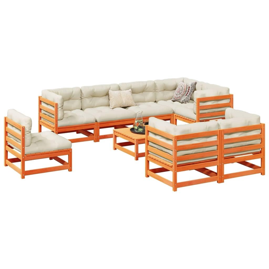 Juego de muebles de jardín de madera de pino maciza, 70 x 70 cm, color marrón cera, cojines de crema, modular para balcón, diseño robusto para jardín, terraza y balcones pequeños