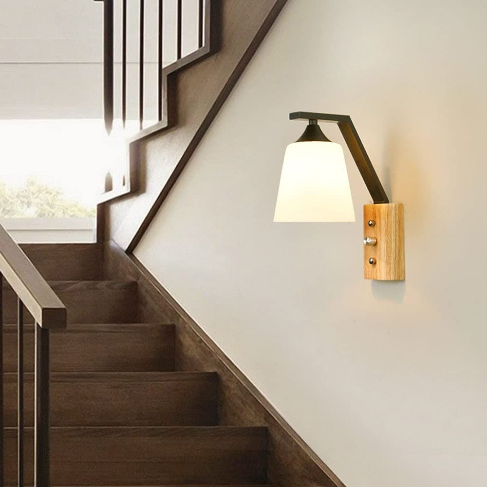Drewniana i szklana lampa ścienna z czarnym metalowym geometrycznym abażurem, salon, restauracja, sypialnia, lampka nocna, czytanie, kinkiet ścienny, oświetlenie wewnętrzne E27, światło