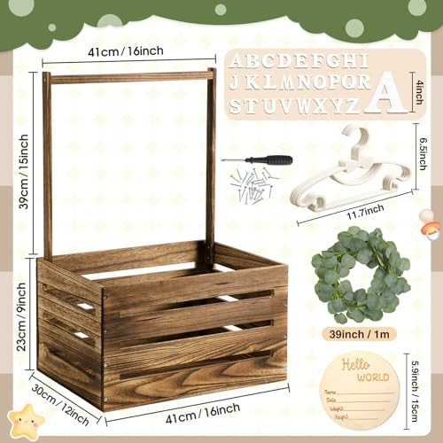 Image of Barydat Wooden Baby Shower Crate Closet Basket with Handle Baby Announcement Sign Garland Hangers Large Letter, Wooden Gift Crate, Letters for Pregnancy New Parent Party(Brown)