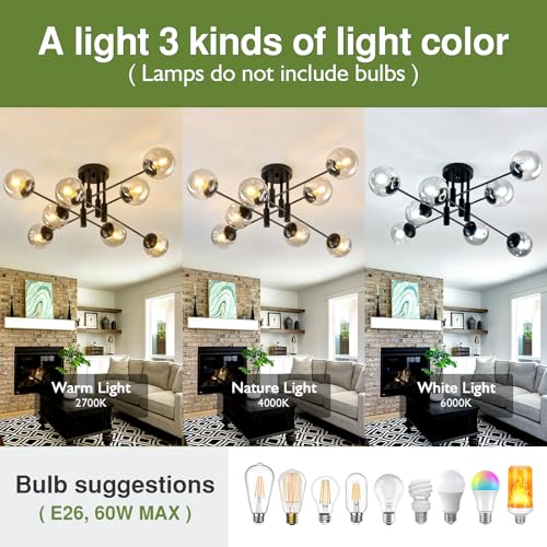 Image of 8 Light Glass Globe Ceiling Light Black Mid Century Flush Mount Sputnik Light Fixture Bubble Chandelier Living Room Farmhouse for Dining Room Kitchen Bedroom.