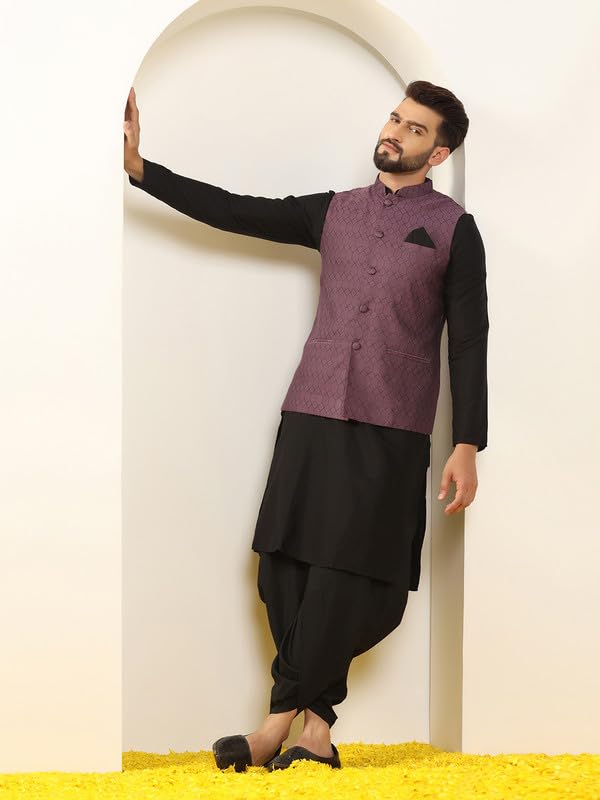 Image of KISAH Men's Green Jacquard Silk Blend Nehru Jacket- Traditional Indian Waistcoat for Weddings & Royal Parties