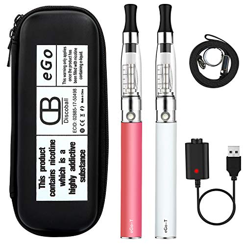 Discoball 2 Pièces Cigarettes électroniques Vape Pen Starter Kit avec 1100mAh EGO Batterie, 1.6ml CE4 Atomiseur, Cable Charge, Accrocher Corde, Ecig Set Cadeaux Debutants, Sans Nicotine Sans Tabac
