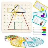 Wooden Geoboard, Montessori Toys for 3 4 5 Year Olds Graphical Mathematical Education Toy for Kids with 30 Pattern Cards and 53 Rubber Bands to Create Figures Shapes Brain Teaser Toy Gifts for Kids