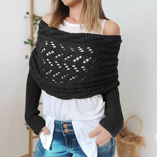 Scarf with Sleeves for Women Autumn Winter Hollow Lengthening Double Sleeve Shawl Casual Solid Color Wool Knitted Wrap4