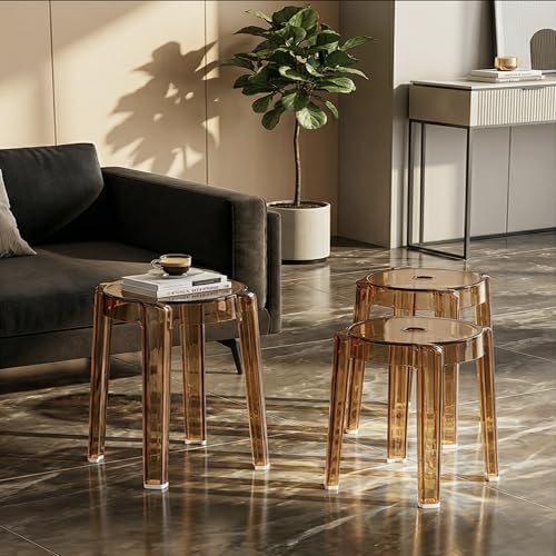 Image of The Artment your artistic apartment Tan Color CrystalNest Transparent Acrylic Stackable Round Accent Stool, Modern Side Stool for Living Room, Bedroom and Home & Office (Set of 3)