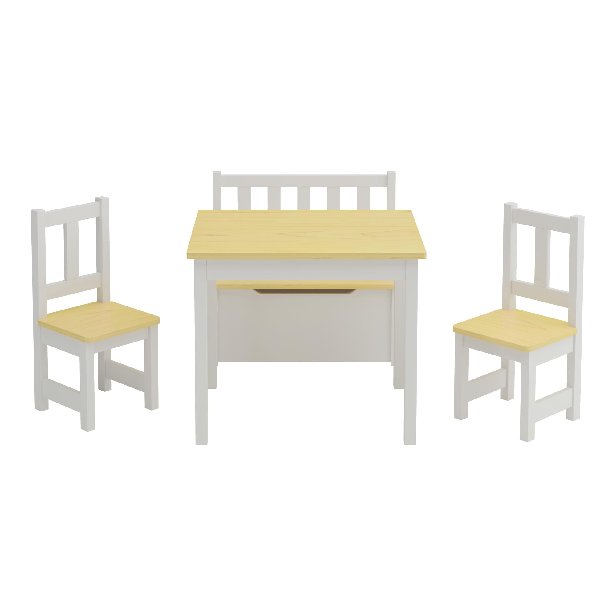 [en.casa] Kindertischset Lousame mit aufklappbarer Sitzbank und 2 Stühlen Kindertisch-Set Kindermöbel Sitzgruppe Kiefernholz Natur/Weiß