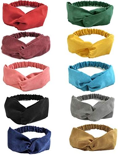 GBATERI 10 Pack Stylish Women Twisted Headbands Non Slip Boho Headbands Vintage Suede Solid Criss Cross Elastic Headwraps Turban Hairbands Hair Accessories for Women Girls Work Sports