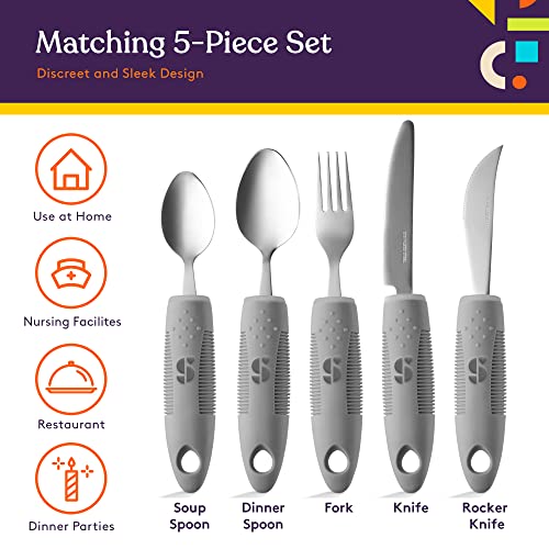 Special Supplies Adaptive Utensils (5-Piece Kitchen Set) Wide, Non-Weighted, Non-Slip Handles for Hand Tremors, Arthritis, Parkinson’s or Elderly Use (Grey) - Image 5