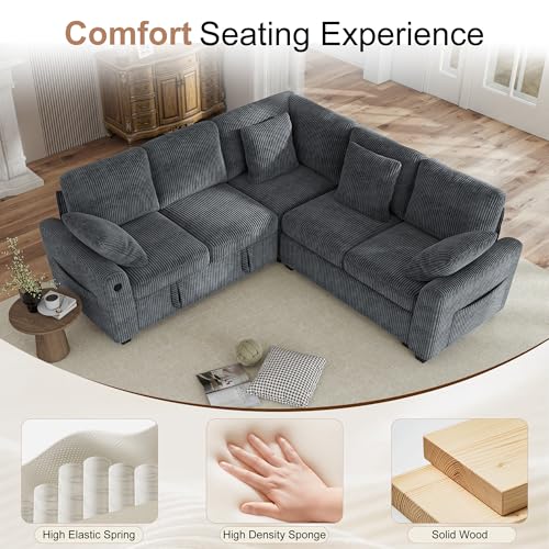 Image of Hanherry Sectional Sofa with Pull Out Couch Bed, 5 Seats Corduroy Sleeper Sofa with 2 Seat Storage & USB Charging,Comfy L Shaped Modular Couches for Living Room,Apartment